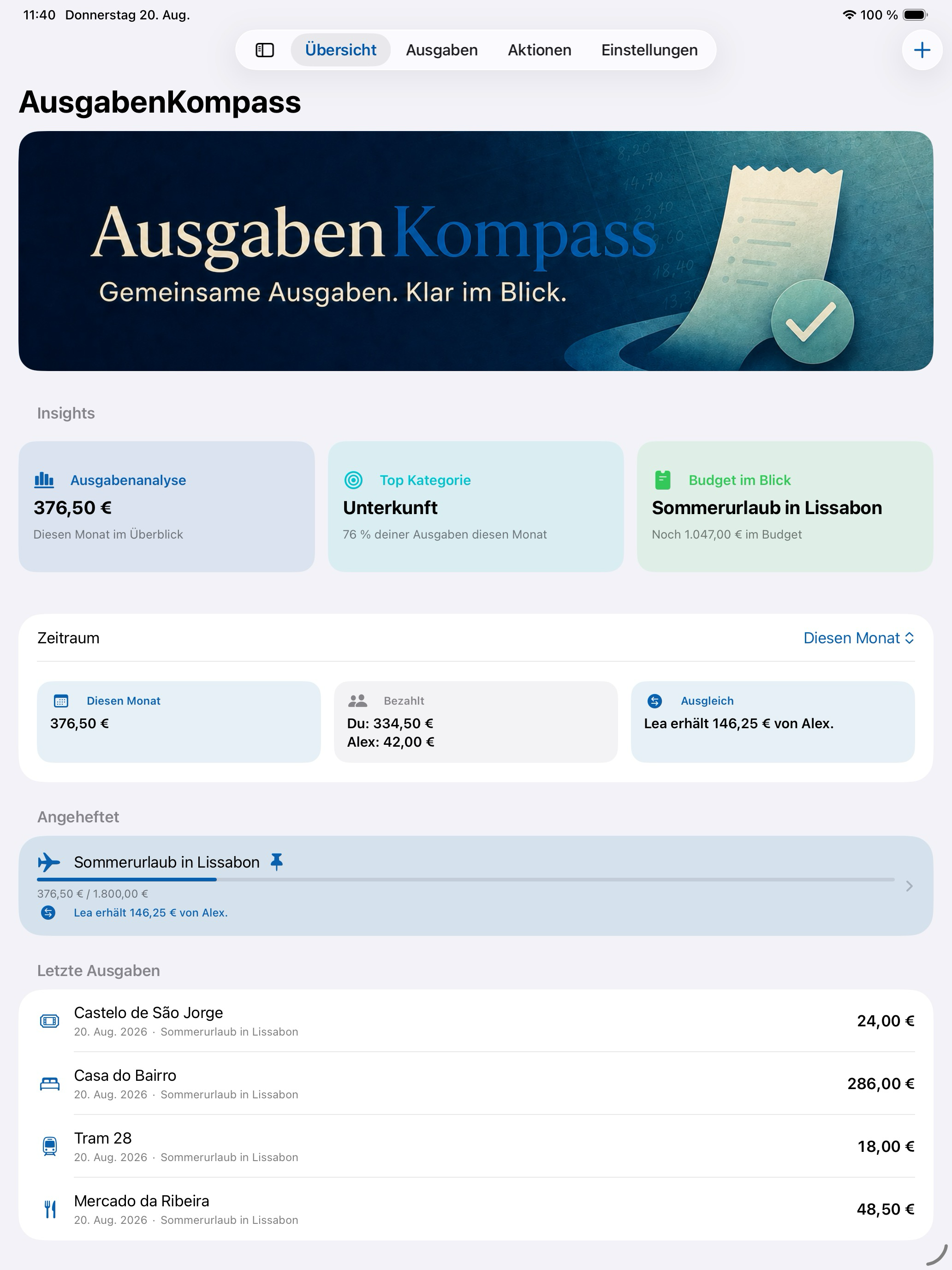 AusgabenKompass auf dem iPad mit Monatsübersicht, Insights und Ausgaben