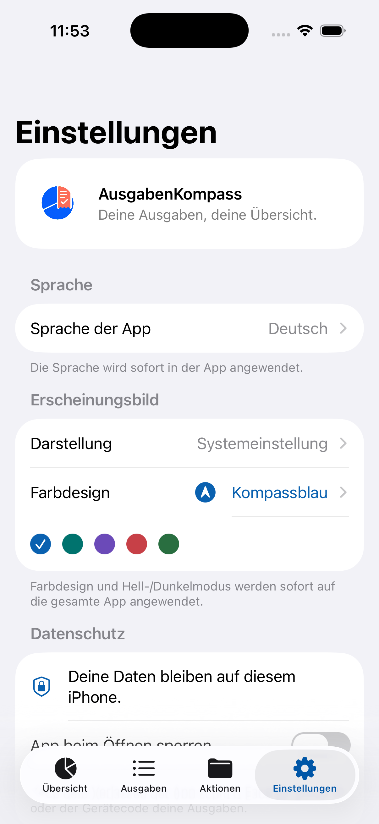 AusgabenKompass auf dem iPhone in den Einstellungen